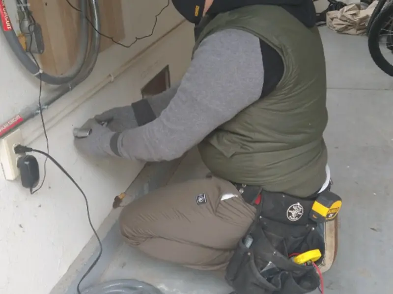 Electrician performing outlet wiring in a Hillside garage